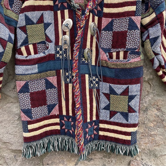 Handcrafted | Reworked Tapestry Fringe Blanket Cardigan Coat Quilt-Look Pattern - Picture 9 of 16